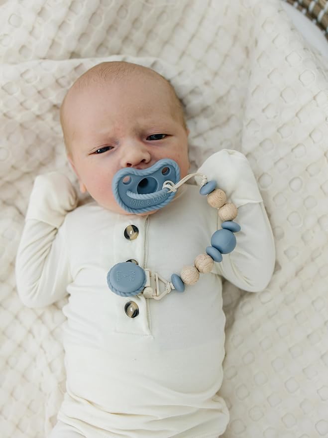Round Shape Silicone Pacifiers (Set of 2); 0 Months and up; 100% Food-Grade Silicone; Ultra-Light Silicone Binkies Set; 1 Piece Design (Olive/Ocean) - Mila & Lulu