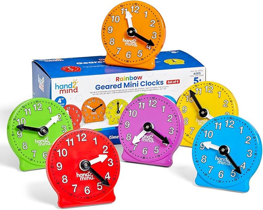 hand2mind Rainbow Geared Mini Learning Clock Set of 6, Analog Teaching Clocks for Kids, Movable Hands, Telling Time Math Manipulatives, Classroom School Homeschool Teaching Toy, Color Coded Gears