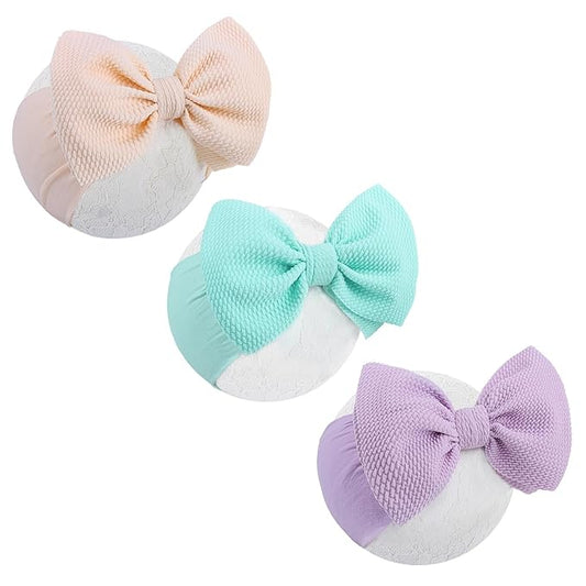 Big Bows Headbands for Baby Girls - Waffle Large Hair Accessories, Infant Toddler Headwrap 3 Pack Purple Ivory Light Blue