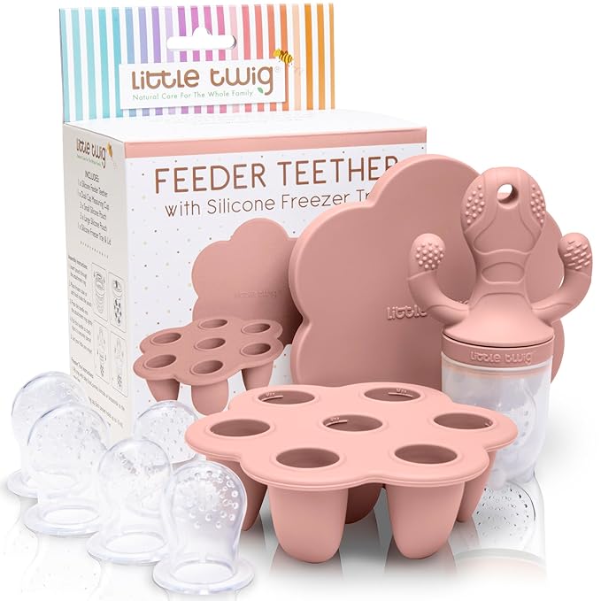 Little Twig Baby Fruit Feeder Pacifier & Teether Set – Silicone Baby Food Feeder with Freezer Tray, BPA Free Teething Toy for Infants, Breast Milk Pops, Fruit & Puree Feeder, Baby Led Weaning Kit
