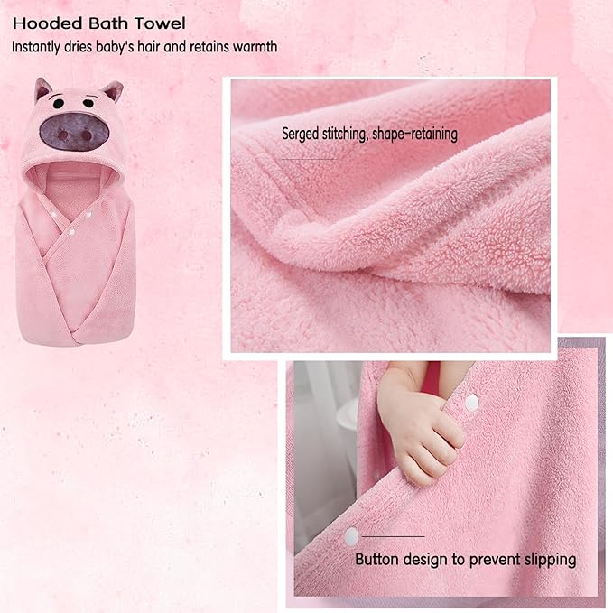 Toddler Baby Bath Towel with Hood 27.5"X55" Ultra Absorbent Soft Cozy Comfort Bathrobe Blanket, 0-6 Years Infant Shower Towel for Girls & Boys(Blush)