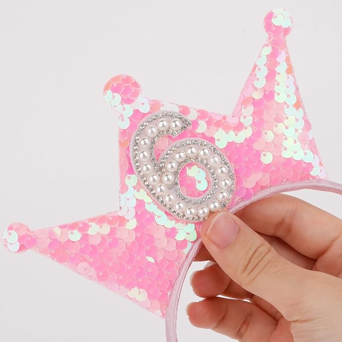 Birthday Crown Headband Pink Glitter Headbands for Girls Gifts for 6 Year Old Girl 6th Birthday Decorations for Girls