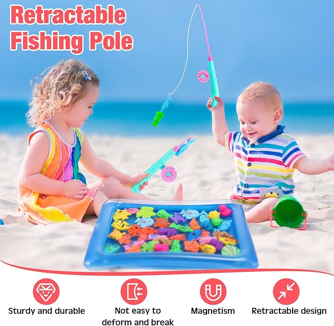 Leyndo 106 Pcs Magnetic Fishing Toys Game Set for Kids 3-6, Includes Fishing Poles, Fish Tanks, Fish Nets, Inflatable Pump, Sea Animals and Rubber Ducks for 5 Players Gifts Summer Pool Party Bath Toys