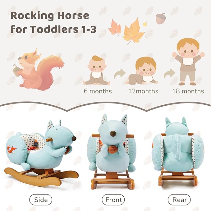 labebe Baby Rocking Horse, Blue Squirrel Rocking Horse for Toddler 1-3 Age Boy&Girl, Plush Rocking Squirrel with Seatbelt for 6 Months Babies, Children Ride-on Toy Wooden Animal Rocker