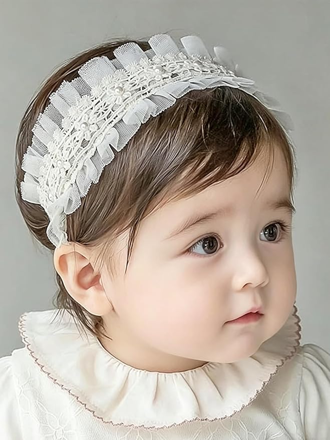 Baby Girls Flower Headbands Cute Kids Christening Headband Soft Lace Hairbands Floral Crown Newborn Infant Toddlers Hair Accessories for Birthday Party Photography(Beige Flowers)