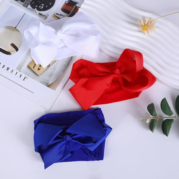 3 Pcs Baby Girls Headband Bows, Soft Nylon Hairbands Cute Big Bow Super Elastic Headband For Baby Girls Newborn Infant Toddlers (Red Blue White, Large)