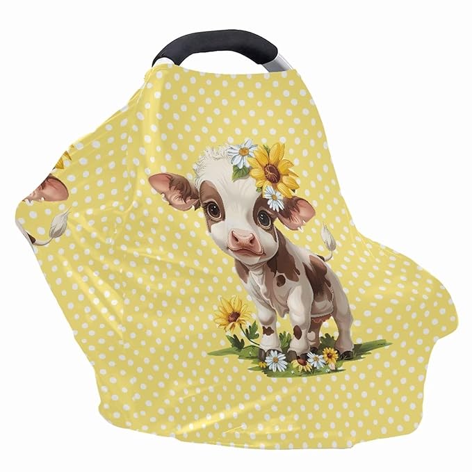 Wanyint Cute Cow Yellow Polka Dot Car Seat Covers for Boys Girls, Nursing Cover Carseat Canopy, Baby Breastfeeding Cover, Multi Use Nursing Scarf, Infant Stroller Cover
