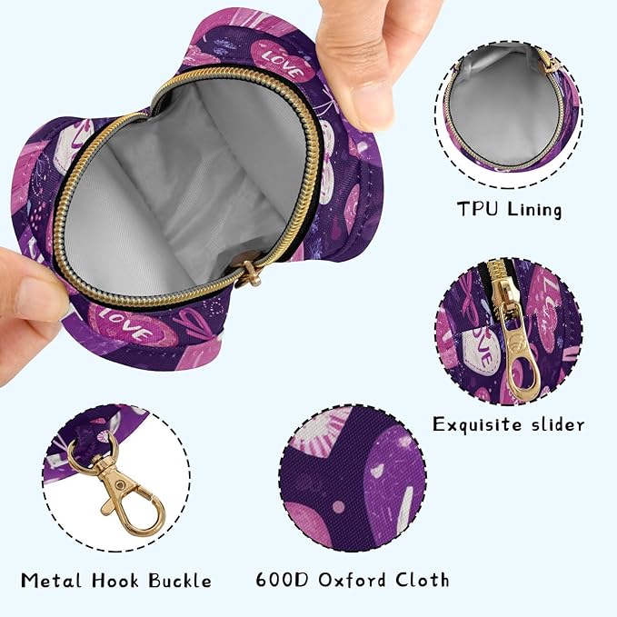 Pacifier Holder with Clip Pacifier Case for Diaper Bag Round Baby Pacifier Pouch Box Bag Portable Valentine Purple Love Heart Bows