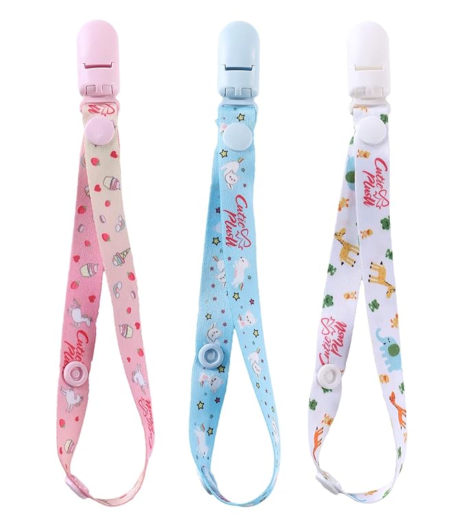 CutiePlusU Adult Size Pacifier Clips 3 Pack-Unicorns, Rainbow Cats and Giraffes