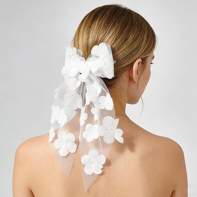 White Flower Bow Hair Clip Mesh Tulle Floral Hair Bow Clips Summer Alligator Clip with Long Tail Hair Accessory for Women Girls Bridal Wedding Bridesmaid Party Headpiece Elegant Hairpin Daily Styling