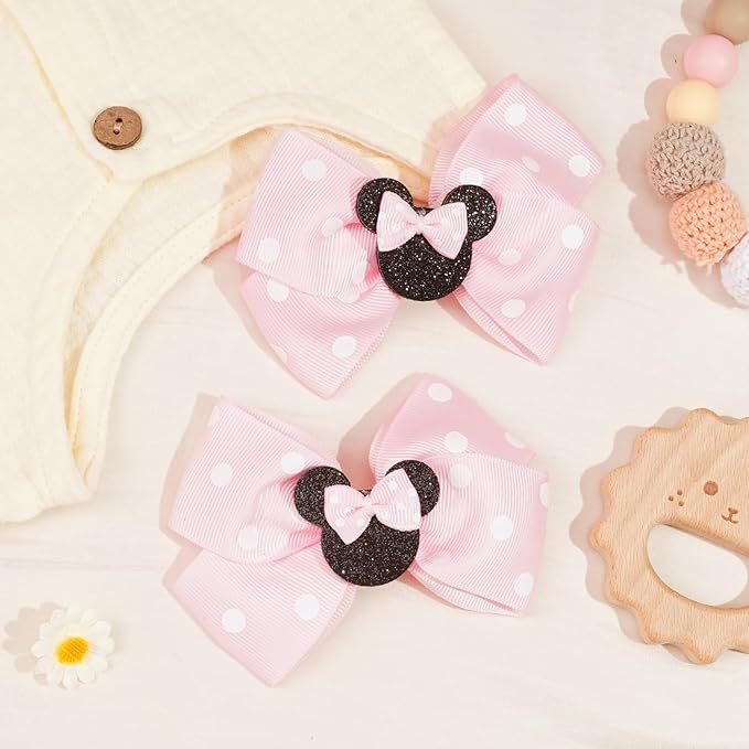 2 Pairs Pink Mouse Ears Hair Clips & Mouse Hair Bows Barrettes for baby Girls Accessories Birthday Party Decorations Gift