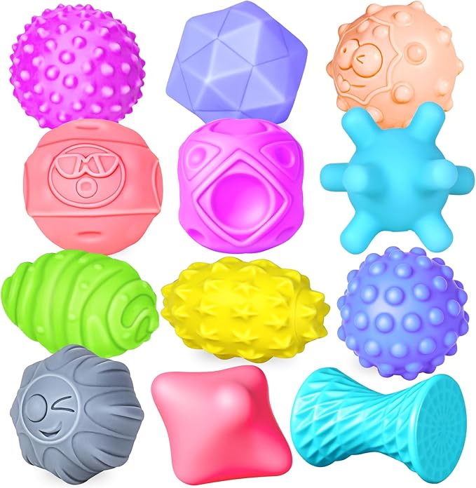12 Pcs Sensory Balls for Toddlers 1-3, Sensory Baby Toys 6-12 Months, Montessori Toy for Babies 6-12 Months Squeeze, Infant Toys Soft Multi Ball Set Gifts with Bright Color Textured