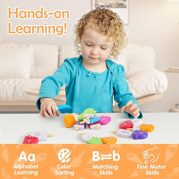 USATDD ABC Alphabet Learning Toys Alphabet Popsicles Animal Matching Toy Uppercase Lowercase Preschool Learning Activities Montessori Toys Easter Gifts for Kids, 52 Pcs