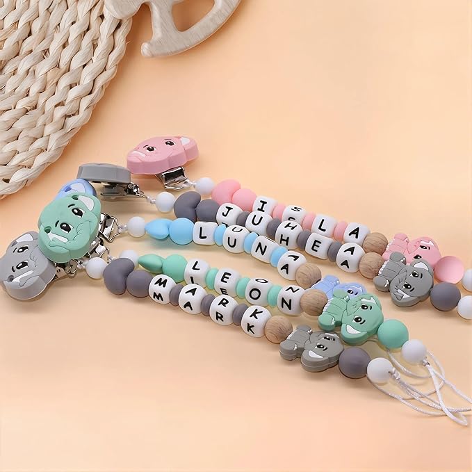 Personalized Pacifier Clip with Name Custom Pacifier Holder for Baby Boys and Girls (Gray Elephant)