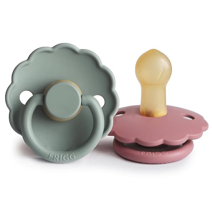 FRIGG Daisy Natural Rubber Baby Pacifier | Made in Denmark | BPA-Free (Dusty Rose/Lily Pad, 0-6 Months) 2-Pack