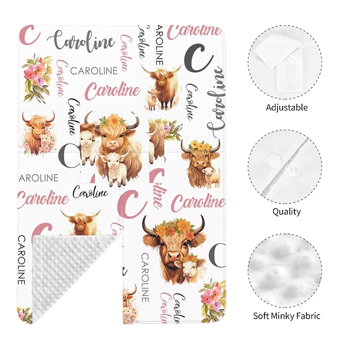 Personalized Highland Cow Carseat Cover for Baby Custom Name Car Seat Canopy for Newborn Baby Boys Girls 2 in 1 Mom Nursing Breastfeeding Covers Minky Baby Carrier Stroller Covers
