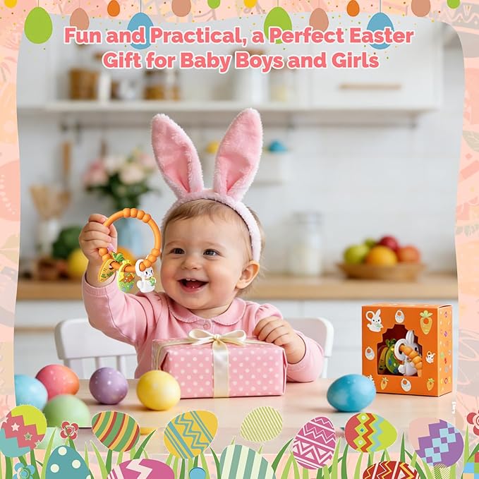 Easter Baby Teething Ring Toys for Baby, Silicone Teether with Textured Carrot, Bunny and Egg, BPA-Free, Safe and Soft for Chewing, Teething Toys for Easter Basket Stuffers&Easter Gifts, 0-12 Month