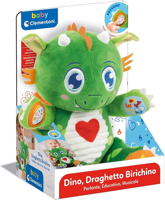 Clementoni Baby Dino Dragon Birichino, Plush Animal for Newborns from 6 Months, Play for Childhood, Learns Words, Colours, Numbers and Shapes, Stimulates Multisensory Development,