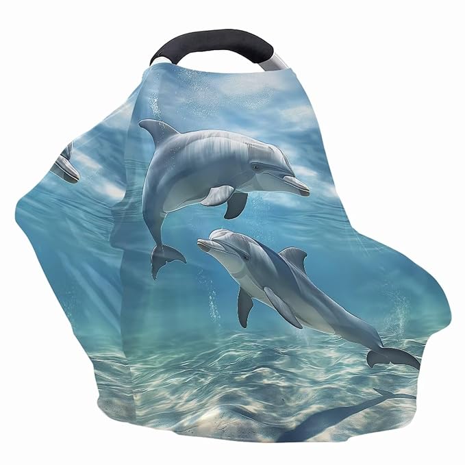 ZFRXIGN Dolphin Baby Car Seat Cover Blue Ocean Theme Nursing Cover for Girls Soft Infant Carseat Canopy,Shopping Cart/High Chair/Stroller Covers, Baby Shower Gifts