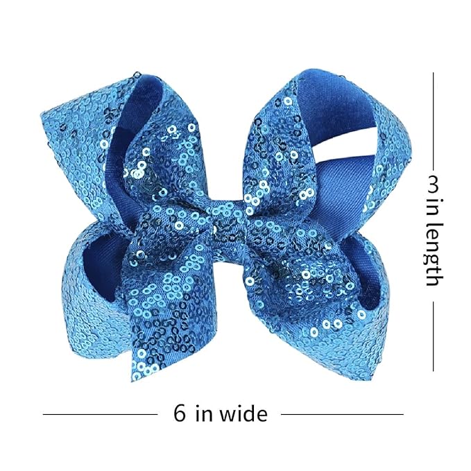 6 Inch Blue Sparkly Glitter Sequin Hair Bows for Girls Toddlers Kids Children Teenage (2PCS)