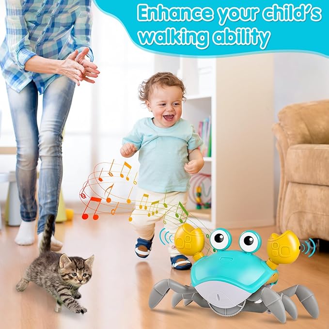 Crawling Crab Baby Toys with Music&Speed Control, Tummy Time Toys for 4 5 6 7 8 9 10 11 Boy Girl Easter Basket Stuffers, Dancing Walking Crawly Crab for Baby Toddler Infant 6-12-18 Months Kid 1-3