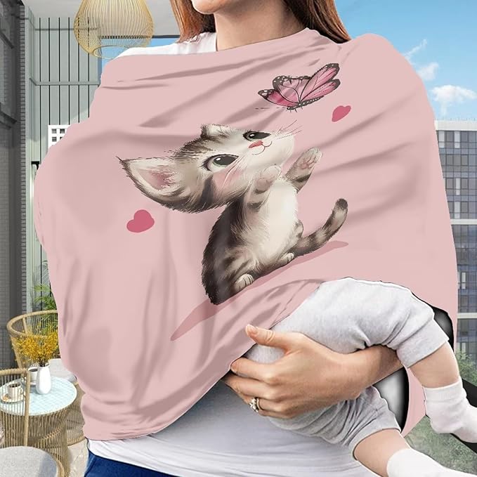 AFPANQZ Cute Cat Baby Car Seat Covers for Girls Boys All Weather Multifunctional Infant Car Seat Canopy Nursing Breastfeeding Scarf Shield Breathable Stretchy 360 Coverage for Babies