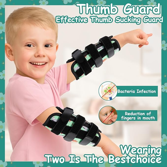 2 PCS Thumb Sucking Deterrent, Green Animals Thumb Guard for Kids Toddlers Nail Biting Treatment, Anti Nose Picking, Scratching Face, Elbow Immobilizer for Boys Girls, Finger Sucking Prevention