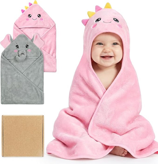 2 Pack Hooded Baby Towels for Newborn, Coral Fleece Baby Bath Towel for Newborn Infant Toddler, Ultra Soft & Lightweight Baby Bath Towels Baby Bath Essentials