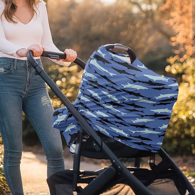 AFPANQZ Cool Shark Pattern Nursing Cover Breastfeeding Scarf Baby Car Seat Covers Infant Stroller Cover Carseat Canopy for Girls and Boys Blue