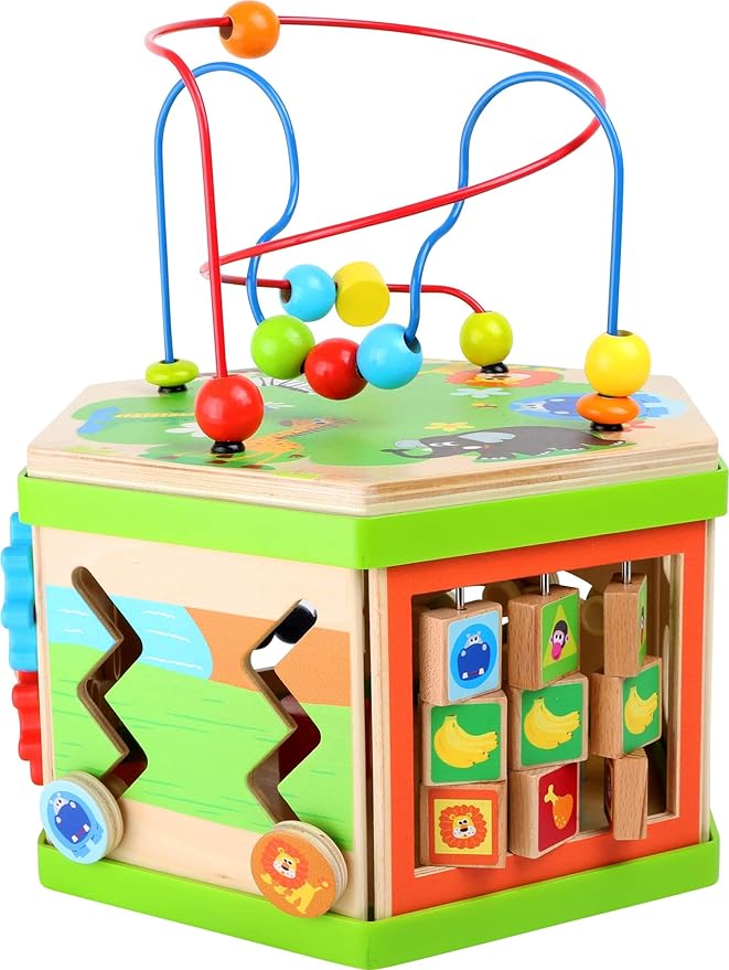 Small Foot Wooden Toys Safari Theme 12" Activity Cube Center 7-Sided Designed for Motor Skills Training Designed for Children 12+ Months, Multi