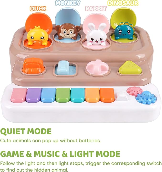 Pop Up Music Toy with Piano Keyboard - Interactive Cause and Effect Animal Game for 1-3 Year Olds, STEM Learning Educational Baby Toy with Music & Lights for Toddlers 6-12 Months