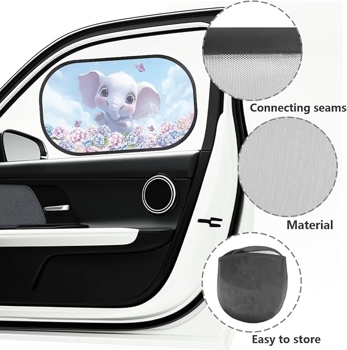 Bulopur Cute Elephant Floral Car Window Shade for Baby in Car 2 PCS UV Protection Breathable Side Window Screens Auto Interior Automotive Universal Fit Mesh Side Windshield Shades