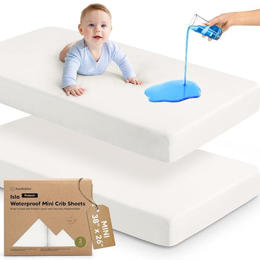 2-Pack Waterproof Pack and Play Sheets, Mini Crib Sheets Fitted for Boy, Girl - 38 x 26 Viscose From Bamboo Pack N Play Mattress Sheets for Graco, Toddler Playard Baby Crib Sheets Neutral (Soft White)