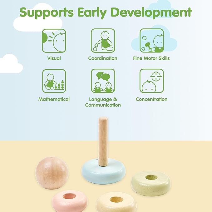 PlanToys® First Stacking Ring | Montessori Wooden Stacking Toy for Babies & Toddlers | Baby Learning Toy for Fine Motor Skills, Sensory Play & Color Sorting