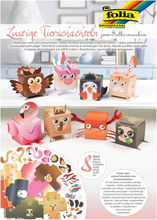 folia 21902 Fun DIY Animal Boxes Set II 8 Boxes in Assorted Designs Pre-Cut Ideal for Children Multi-Coloured