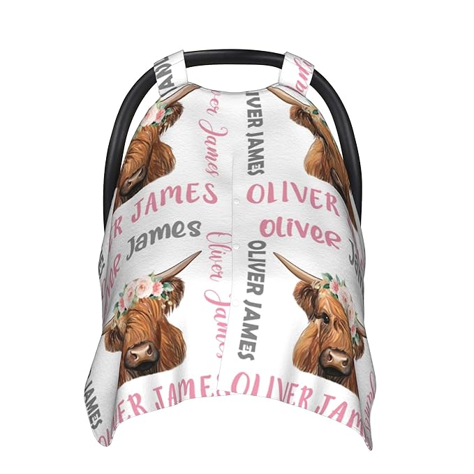 Personalized Highland Cow Carseat Cover for Baby Custom Name Car Seat Canopy for Newborn Baby Boys Girls 2 in 1 Mom Nursing Breastfeeding Covers Minky Baby Carrier Stroller Covers