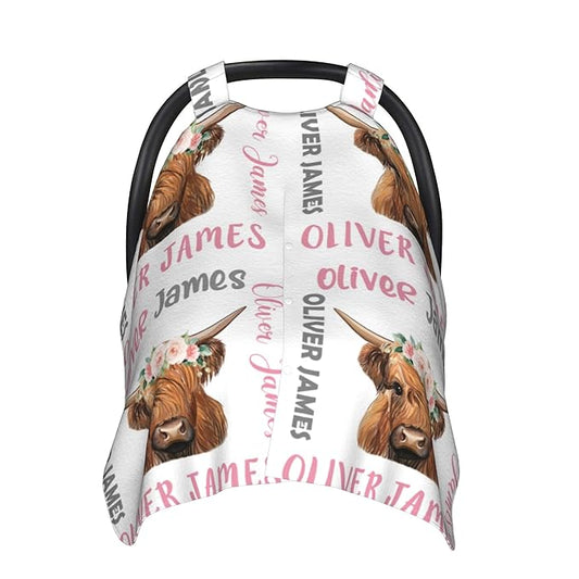 Personalized Highland Cow Carseat Cover for Baby Custom Name Car Seat Canopy for Newborn Baby Boys Girls 2 in 1 Mom Nursing Breastfeeding Covers Minky Baby Carrier Stroller Covers