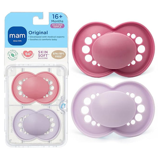 MAM Original Matte Baby Pacifiers 16+ Months, Binky for Newborn Babies, BPA-Free Skin Soft Silicone Nipple, Easy to Clean, Developed with Medical Experts, 2 Count, With Sterilizer Case, Made in Europe
