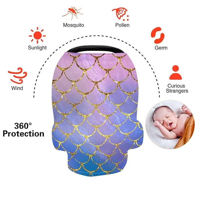 Stretchy Baby Car Seat Covers for Boys Girls Mermaid Fish Scales Infant Car Canopy Nursing Cover Breastfeeding Scarf