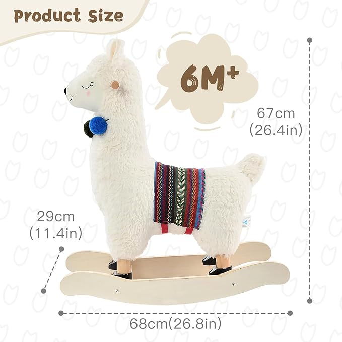 labebe - Baby Rocking Horse Wooden, Plush Stuffed Rocking Animals White, Kid Ride on Toys for 1-3 Years Old, Llama Rocking Horse for Girl&Boy, Toddler/Infant Rocker for Nursery, Kid Riding Toys/Horse