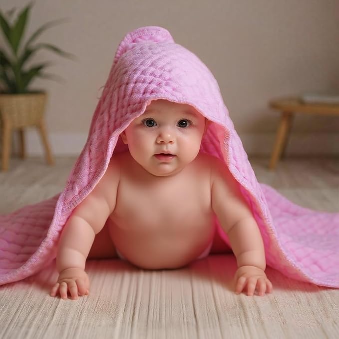 VitalCozy 6 Pcs Baby Muslin Hooded Bath Towels and Washcloths, Muslin Hooded Baby Towels Absorbent Blankets for Gift Newborn Infant Shower (White,Pink)