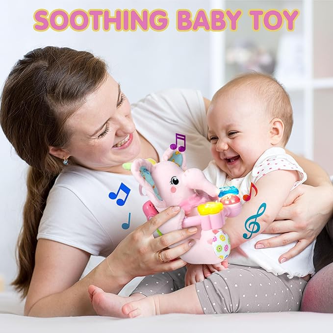 Ryotagift Baby Bilingual Musical Elephant Stuffed Animals Toys,Infant Early Learning Toy with Light-Up Music & Crinkle,Tummy Time Toys for 0 3 6 9 12+ Months for Baby Boy Girl Gift,Pink