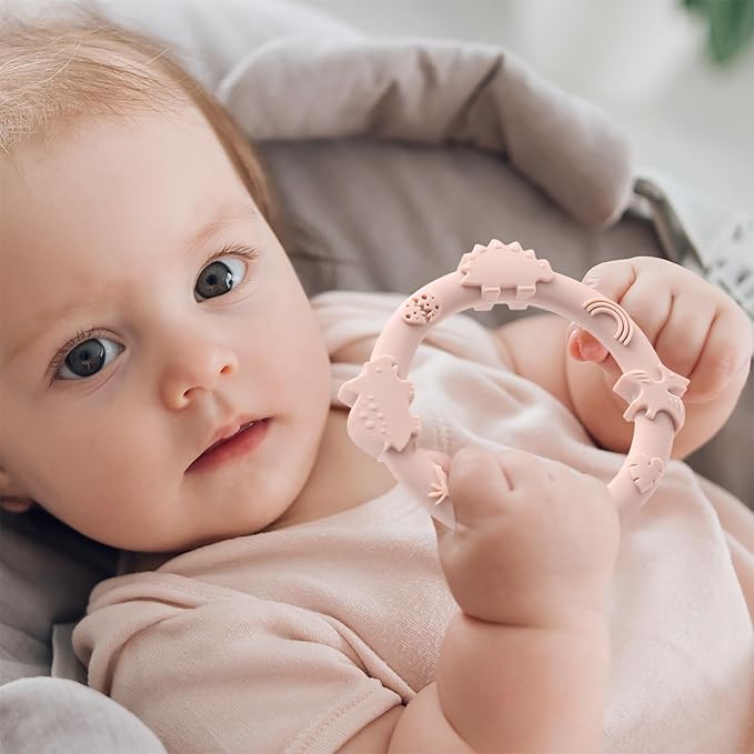 Silicone Teethers for Babies 0-6 6-12 Months Teething Toys for Infants Baby Chew Toys for Sucking Needs Baby Teething Rings for Infant Boys and Girls 3 Pack-Dinosaur-Blue