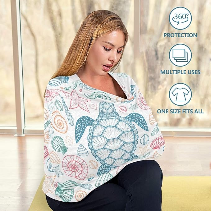 Sea Turtle Starfish Shells Baby Car Seat Covers, Nursing Cover Breastfeeding Scarf Soft Breathable Stretchy Coverage, Infant Stroller Cover for Boys Girls