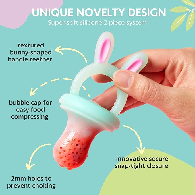 Vesta Baby Fresh + Frozen Food Feeder - 2 Sizes Soft Silicone Push Pop Fruit Nibbler for Safe Infant Self Feeding - Solid Foods Weaning & Teether Set - Bunny Teething Relief Toy for Babies 4M+