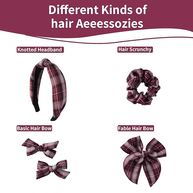 5 Pcs Striped Headband Set with Hair Knotted Scrunchies Bow, Padded Headbands for Women, Christmas Hair Bows & Clips Accessories for Girls (Red-A)