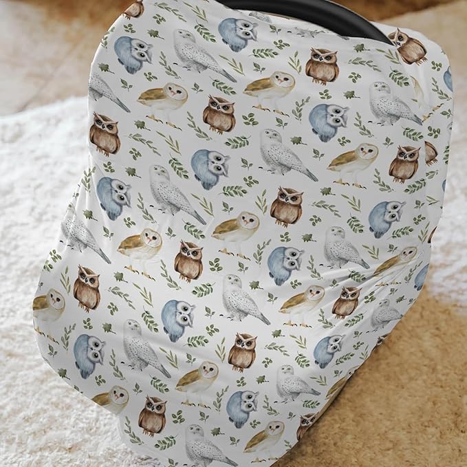 Watercolor Owls Boho Leaves Car Seat Cover for Babies Owl Breeds Green Leaves Stretchy 5-in-1 Cover Adjustable Infant Carseat Cover Canopy Vintage Birds Breathable Nursing Cover-Up