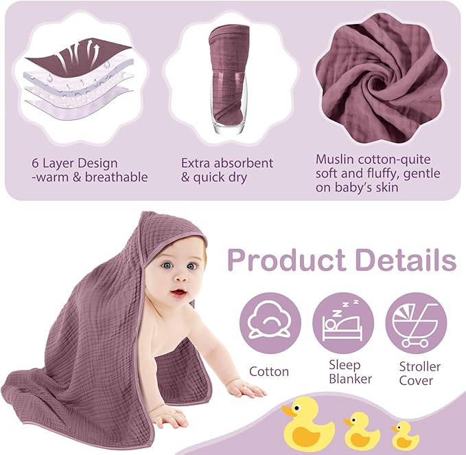 Peryiter 4 Pcs Muslin Hooded Baby Towels, 32"x 32" Cotton Newborn Bath Towel Muslin Infant Baby Blankets Absorbent Unisex Newborn Registry Gift Essentials for Girls Boys (Boho Colors)