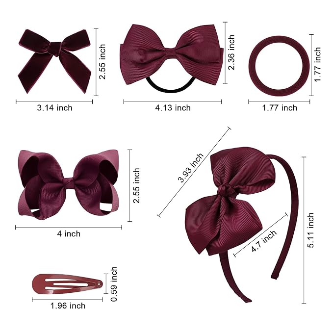 DEEKA Burgundy Uniform Hair Accessories Set, 15 Pieces - Hair Bows, Hair Clips, Headband, Hair Ties for Little Girls - School, Parties, Birthdays, Festive Celebrations