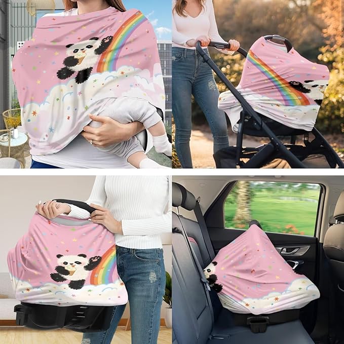 Panda Baby Car Seat Cover Cute Nursing Breastfeeding Covers Soft Breathable Vibrant Nursing Pillow Cover Boys & Girls Shower Gifts 2PCS Pink